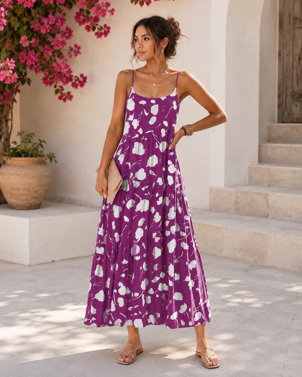 ANRABESS Purple White Floral Maxi Dress Tiered Sleeveless Boho Rayon Small